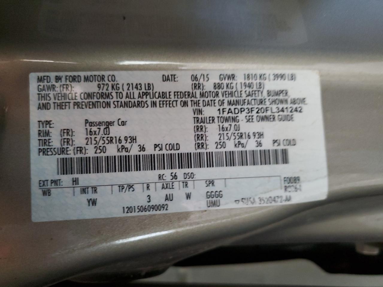 2015 Ford Focus Se VIN: 1FADP3F20FL341242 Lot: 62917745