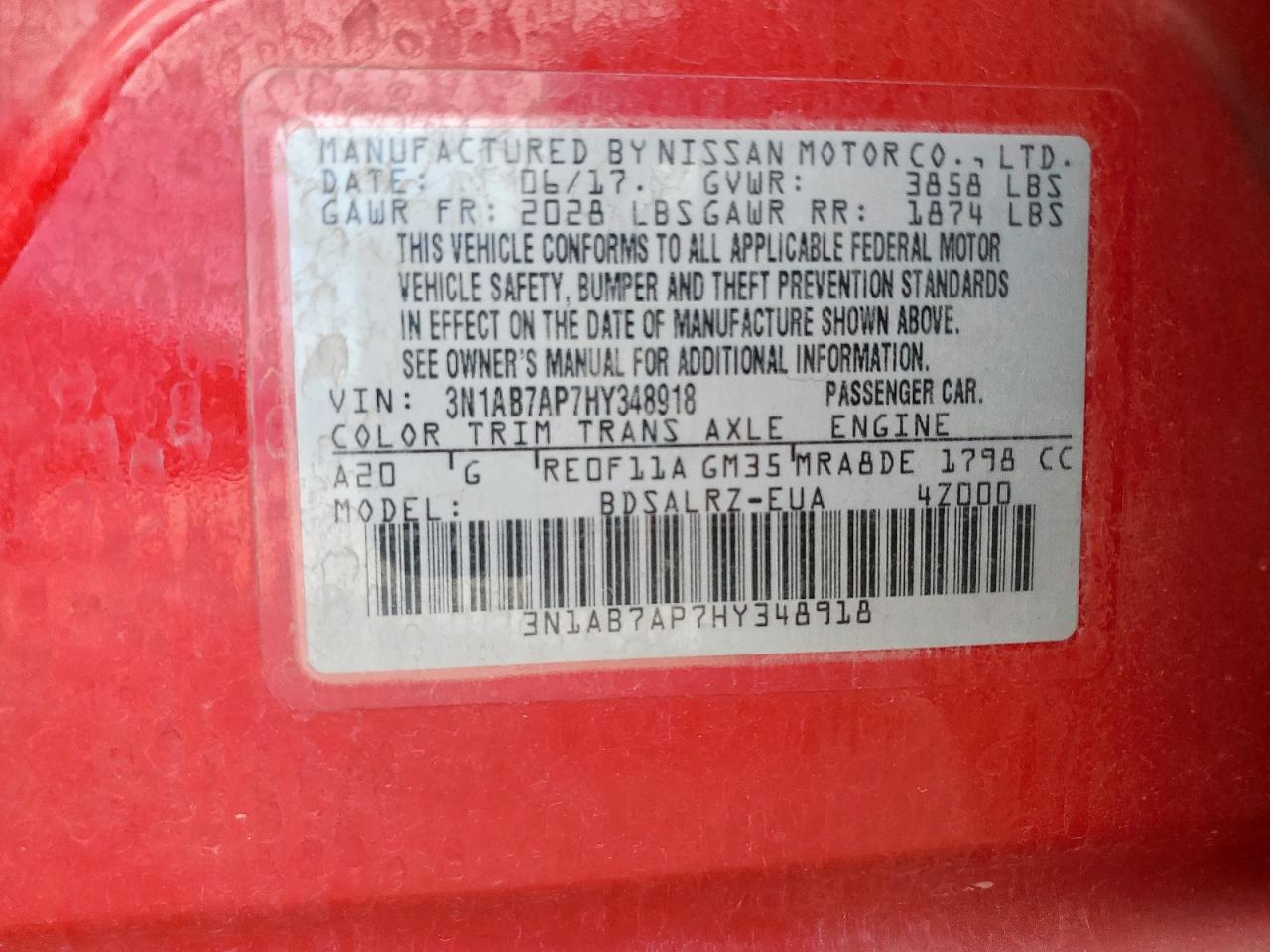 2017 Nissan Sentra S VIN: 3N1AB7AP7HY348918 Lot: 65342455