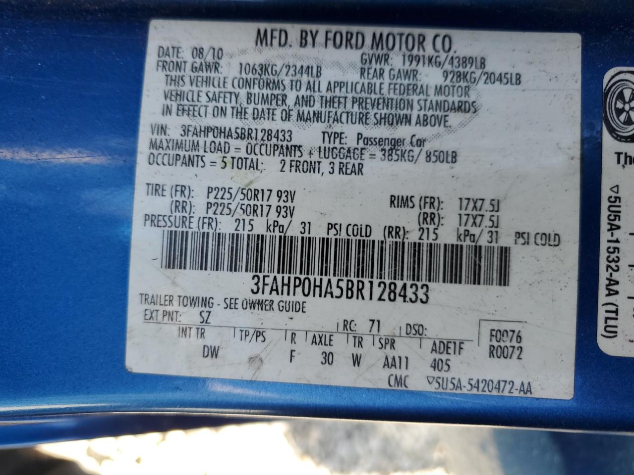 2011 Ford Fusion Se VIN: 3FAHP0HA5BR128433 Lot: 66216025