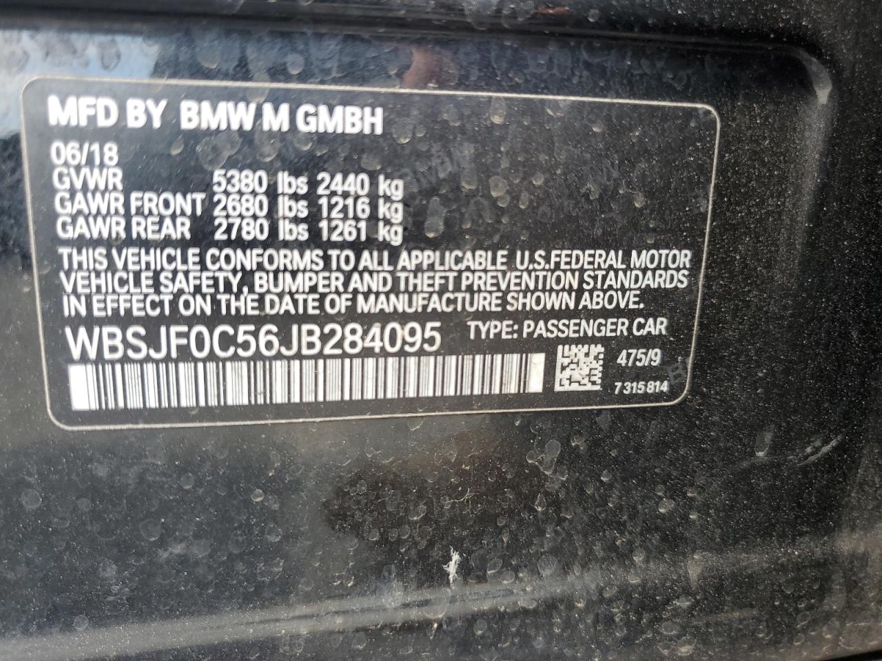 2018 BMW M5 VIN: WBSJF0C56JB284095 Lot: 64820585
