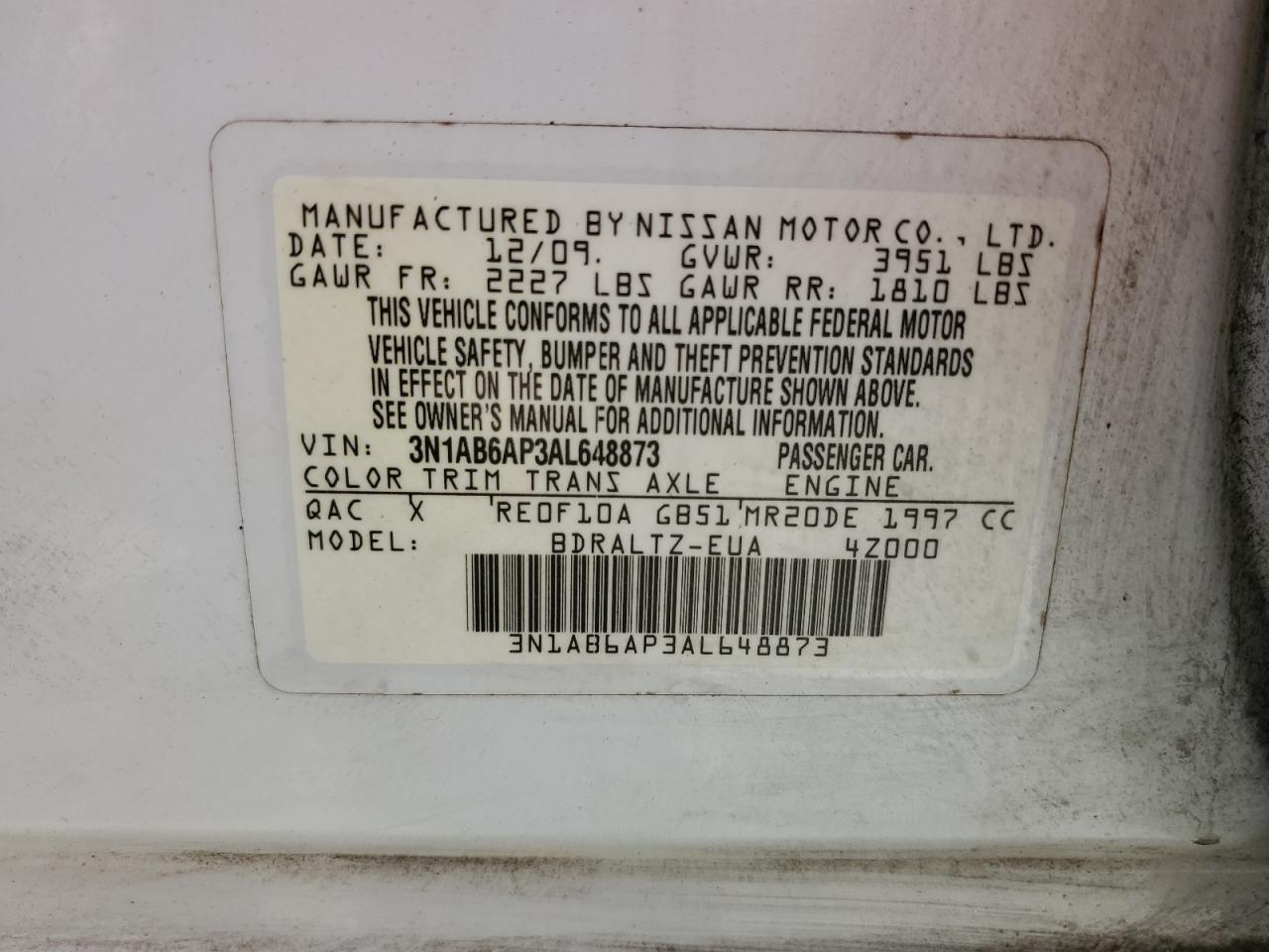 2010 Nissan Sentra 2.0 VIN: 3N1AB6AP3AL648873 Lot: 65286645