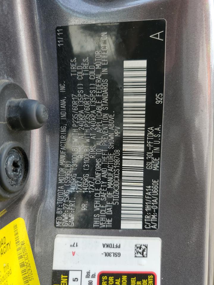 2012 Toyota Sienna VIN: 5TDZK3DCXCS198708 Lot: 62806745