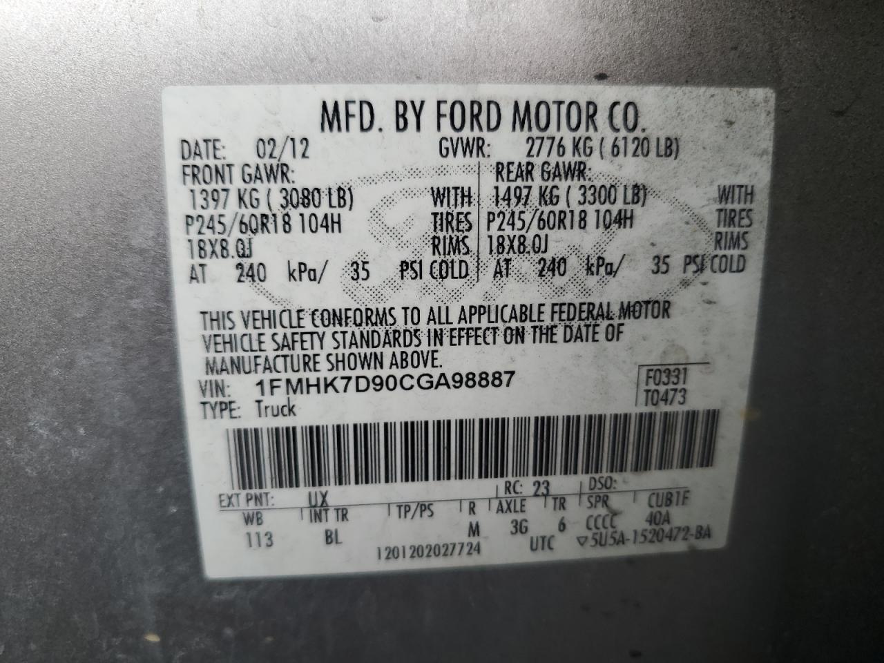 2012 Ford Explorer Xlt VIN: 1FMHK7D90CGA98887 Lot: 62742505