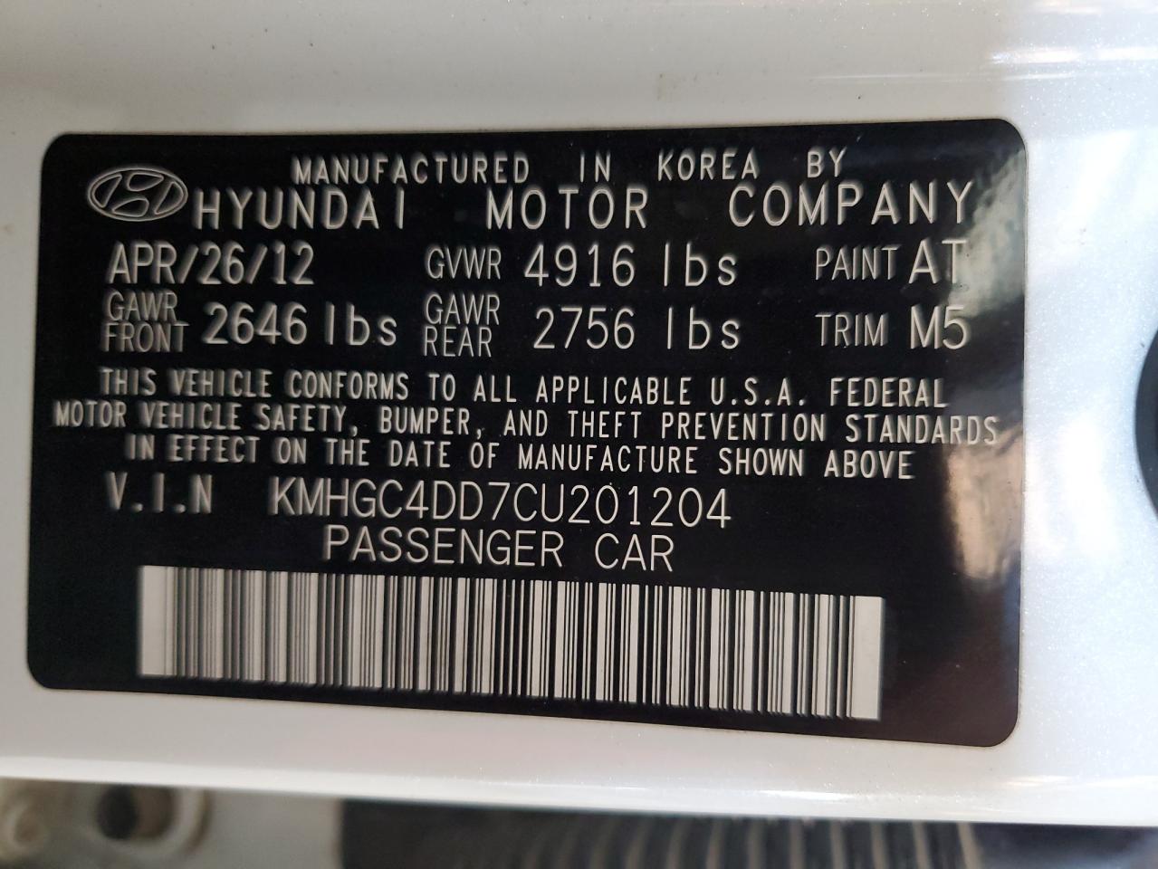 2012 Hyundai Genesis 3.8L VIN: KMHGC4DD7CU201204 Lot: 65473095