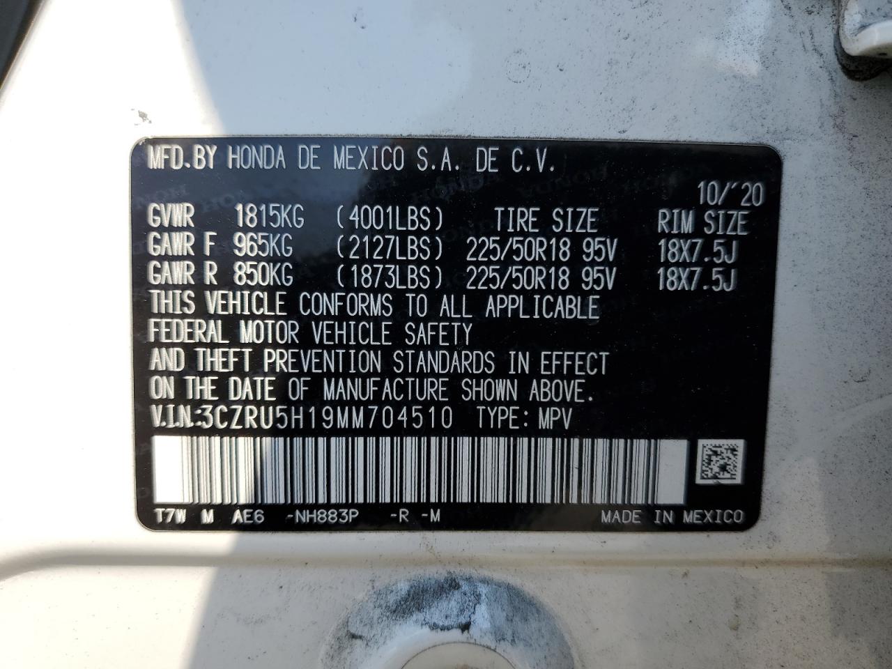 2021 Honda Hr-V Sport VIN: 3CZRU5H19MM704510 Lot: 65030045