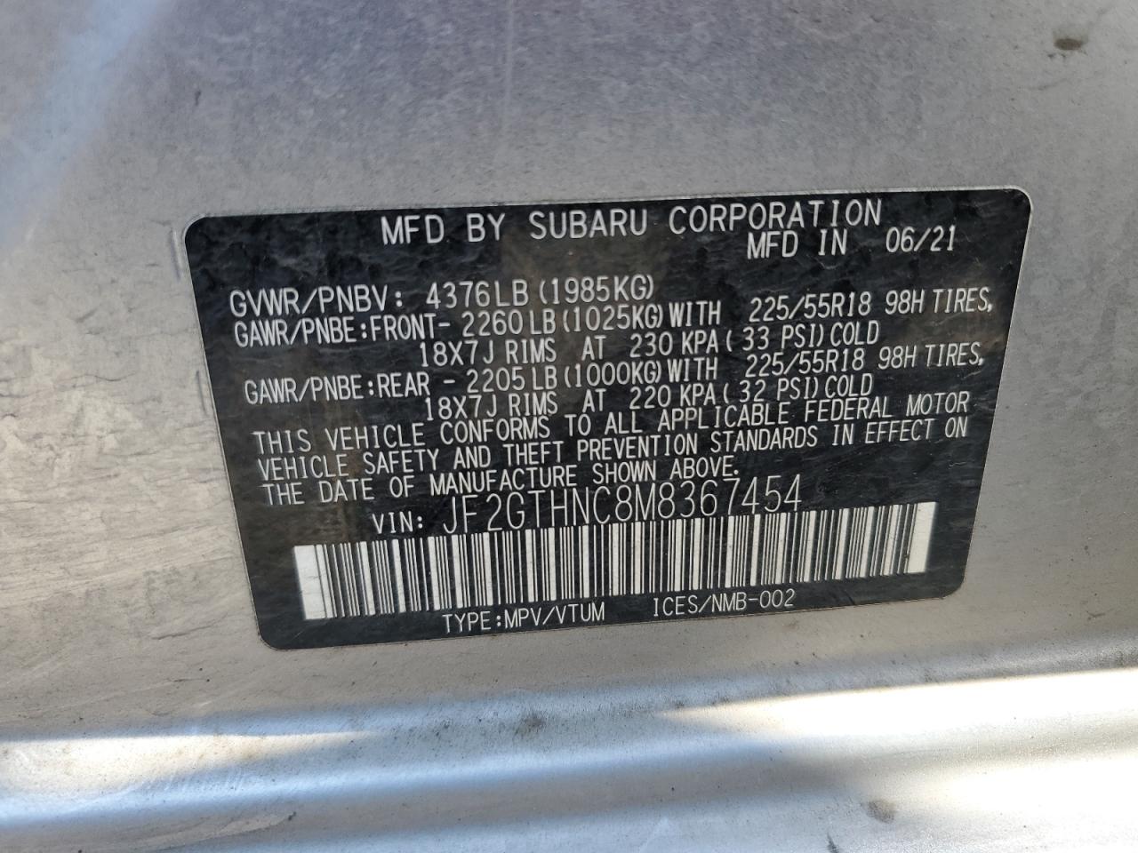 2021 Subaru Crosstrek Limited VIN: JF2GTHNC8M8367454 Lot: 63068145