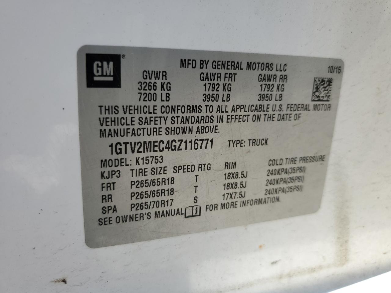 2016 GMC Sierra K1500 Sle VIN: 1GTV2MEC4GZ116771 Lot: 65059995