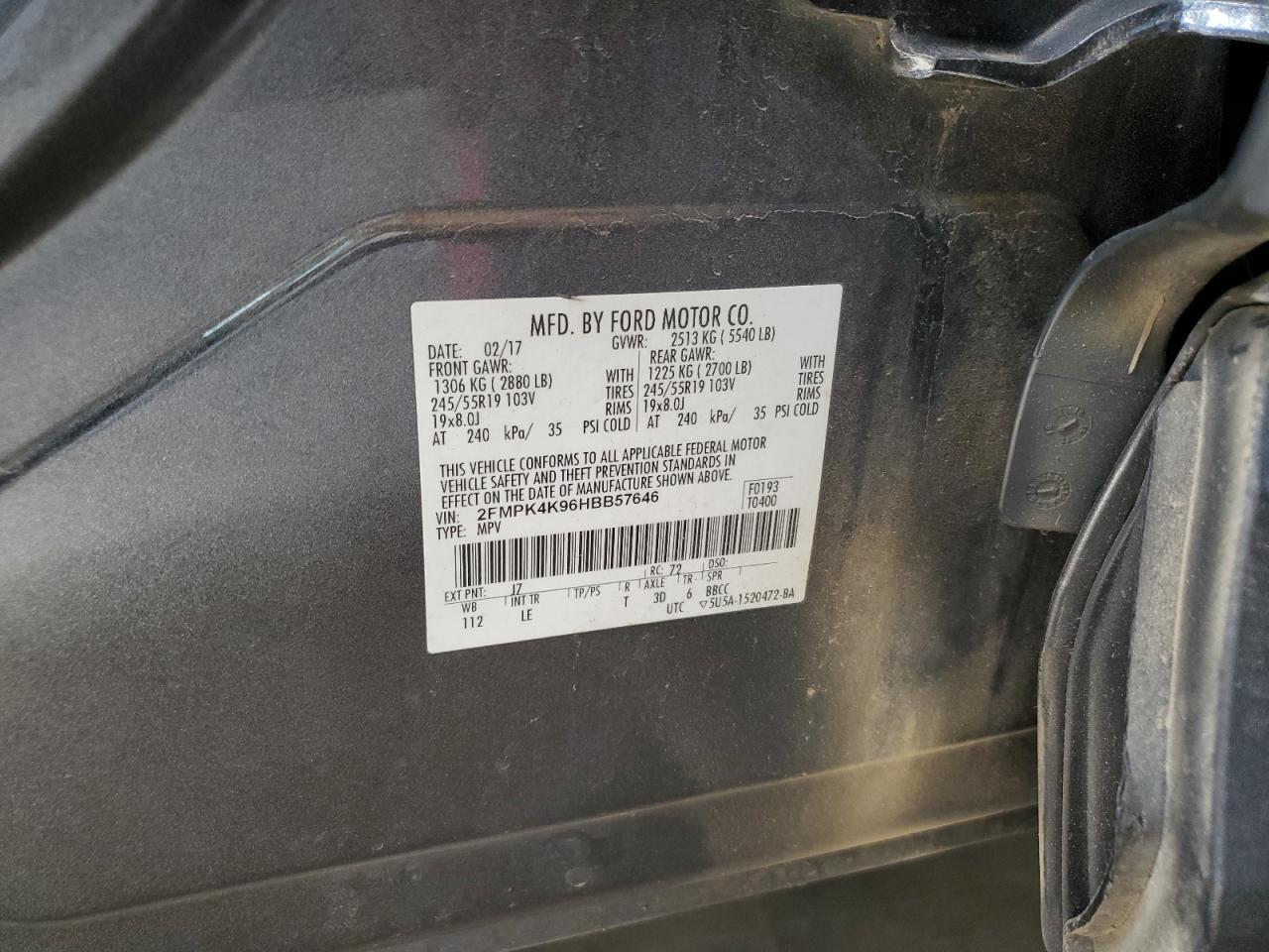 2017 Ford Edge Titanium VIN: 2FMPK4K96HBB57646 Lot: 65068995