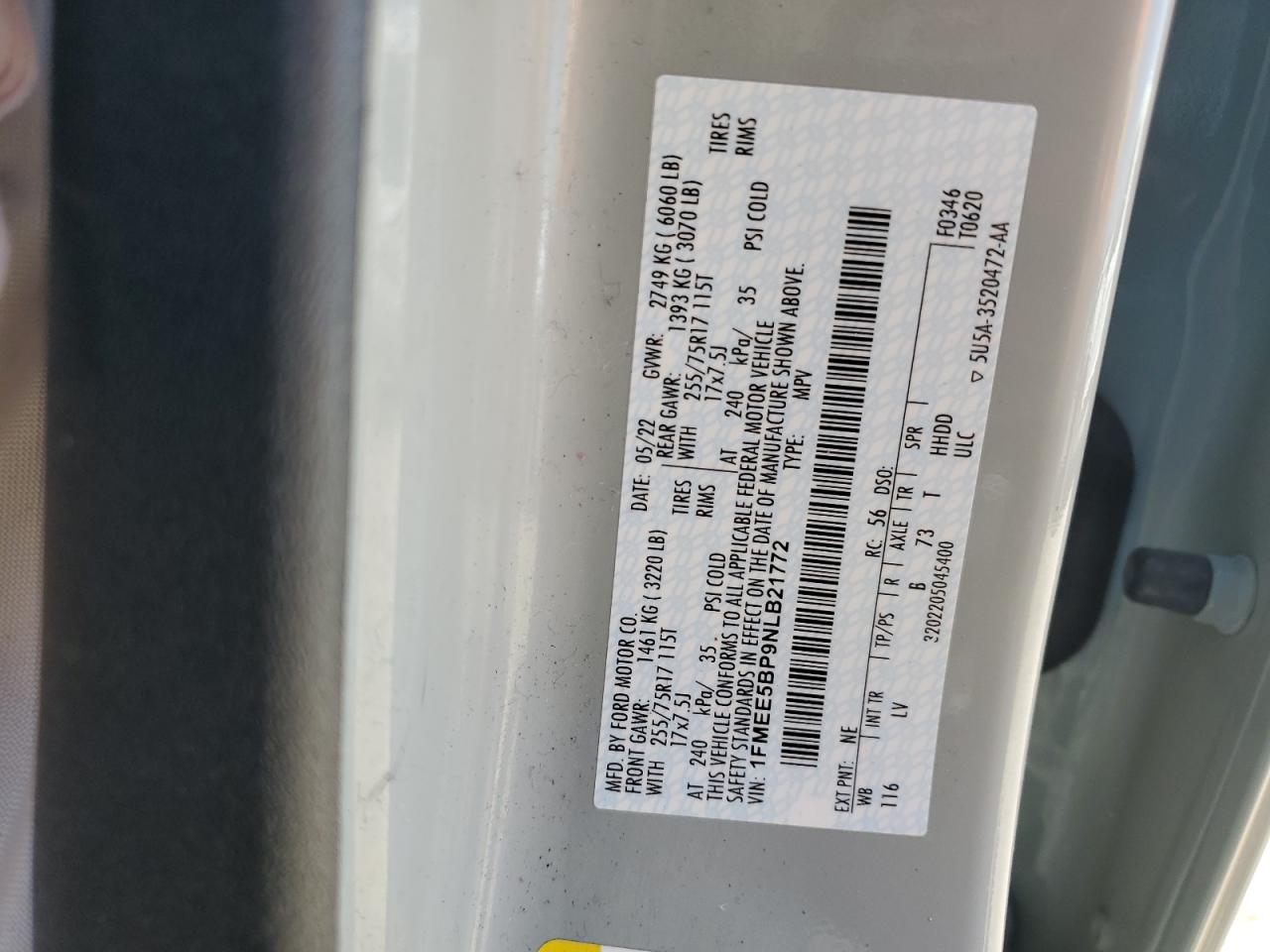 2022 Ford Bronco Base VIN: 1FMEE5BP9NLB21772 Lot: 63453055
