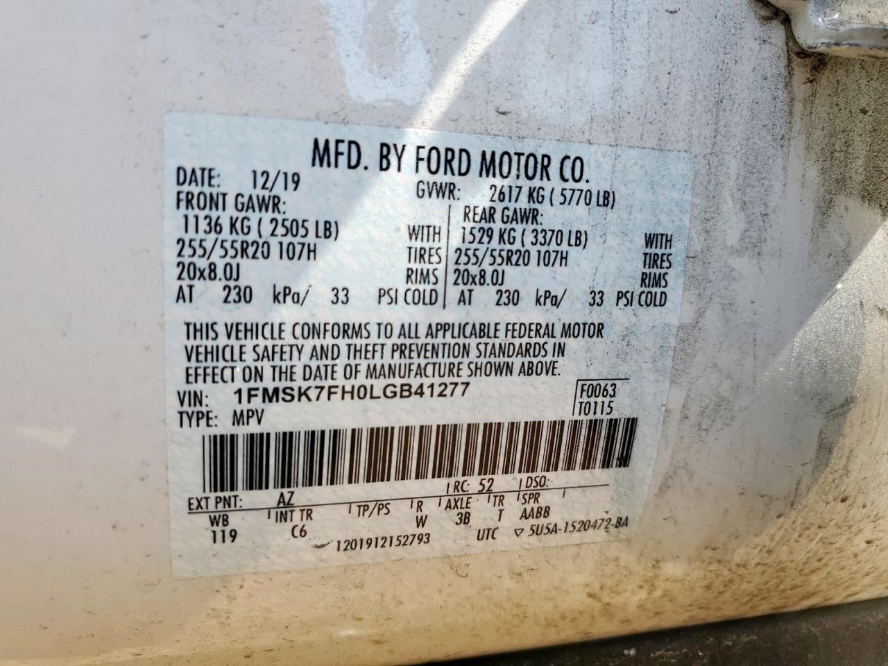 2020 Ford Explorer Limited VIN: 1FMSK7FH0LGB41277 Lot: 65234695