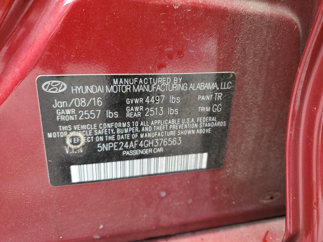 2016 Hyundai Sonata Se VIN: 5NPE24AF4GH376563 Lot: 67250305