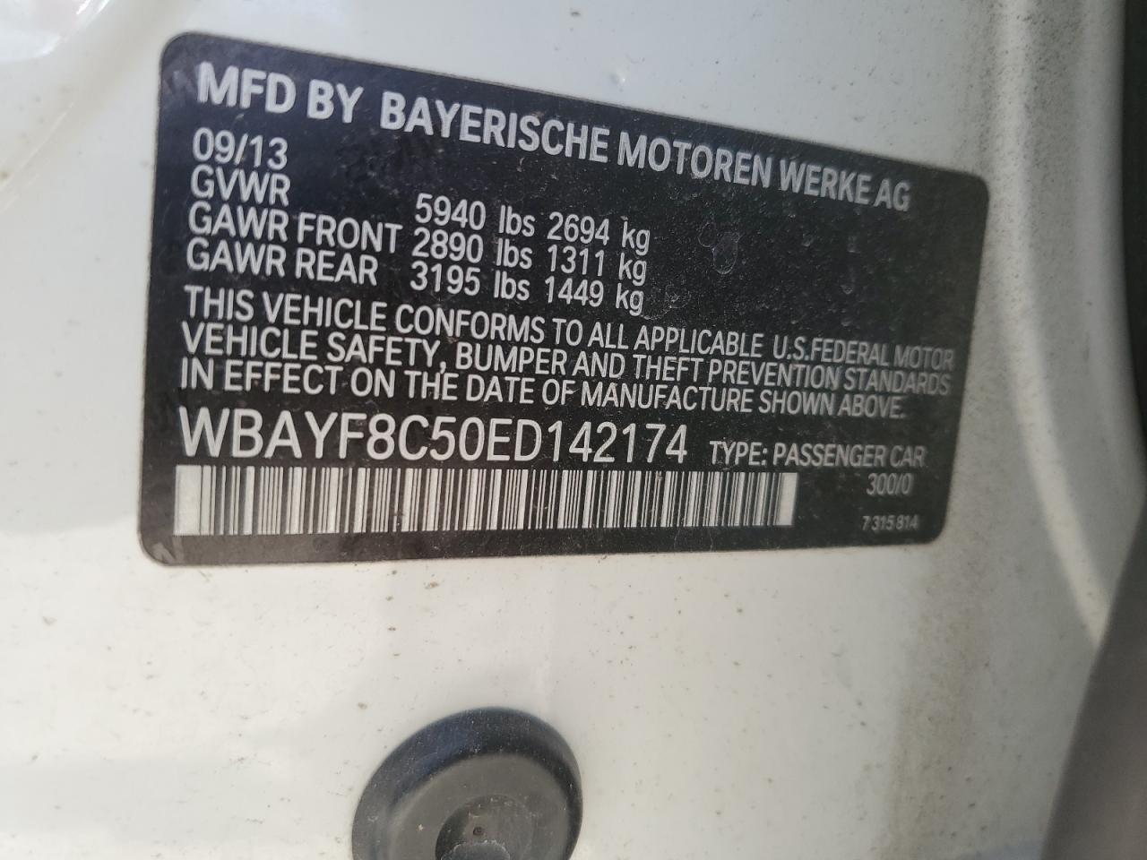 2014 BMW 750 Lxi VIN: WBAYF8C50ED142174 Lot: 63688485