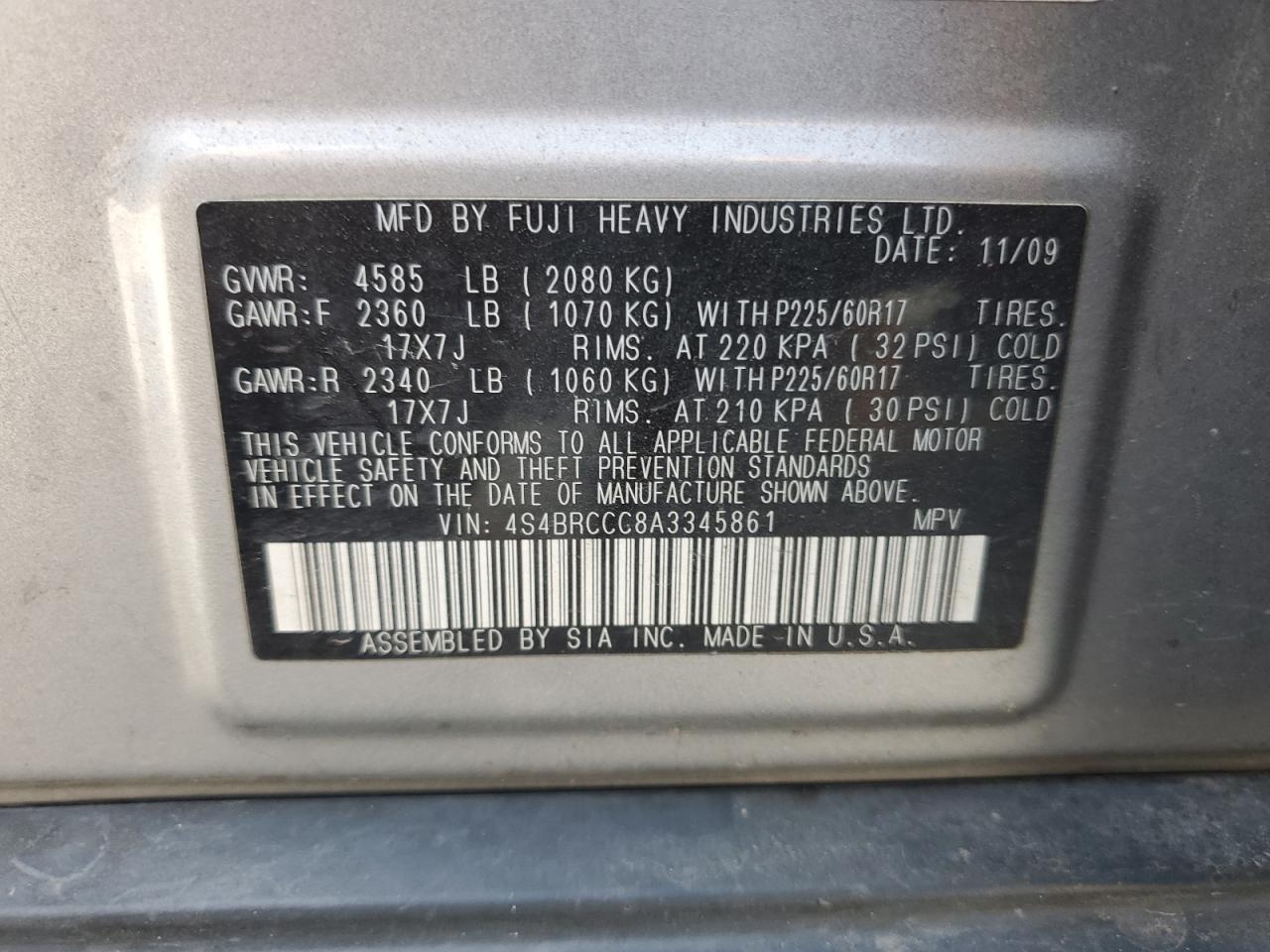 2010 Subaru Outback 2.5I Premium VIN: 4S4BRCCC8A3345861 Lot: 64604955