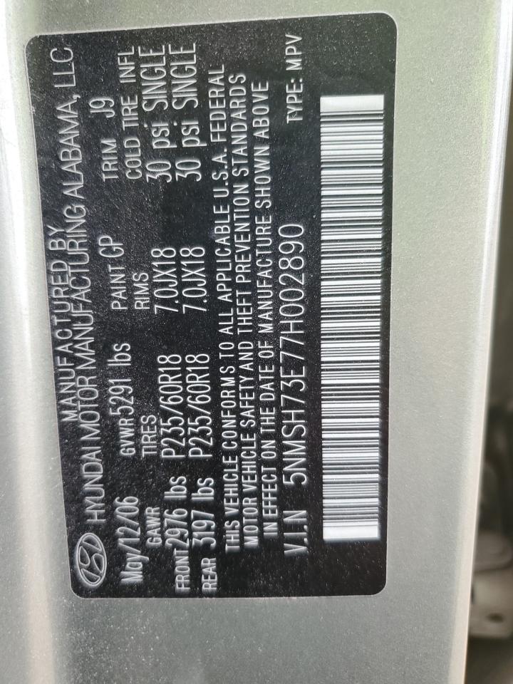 2007 Hyundai Santa Fe Se VIN: 5NMSH73E77H002890 Lot: 65274285