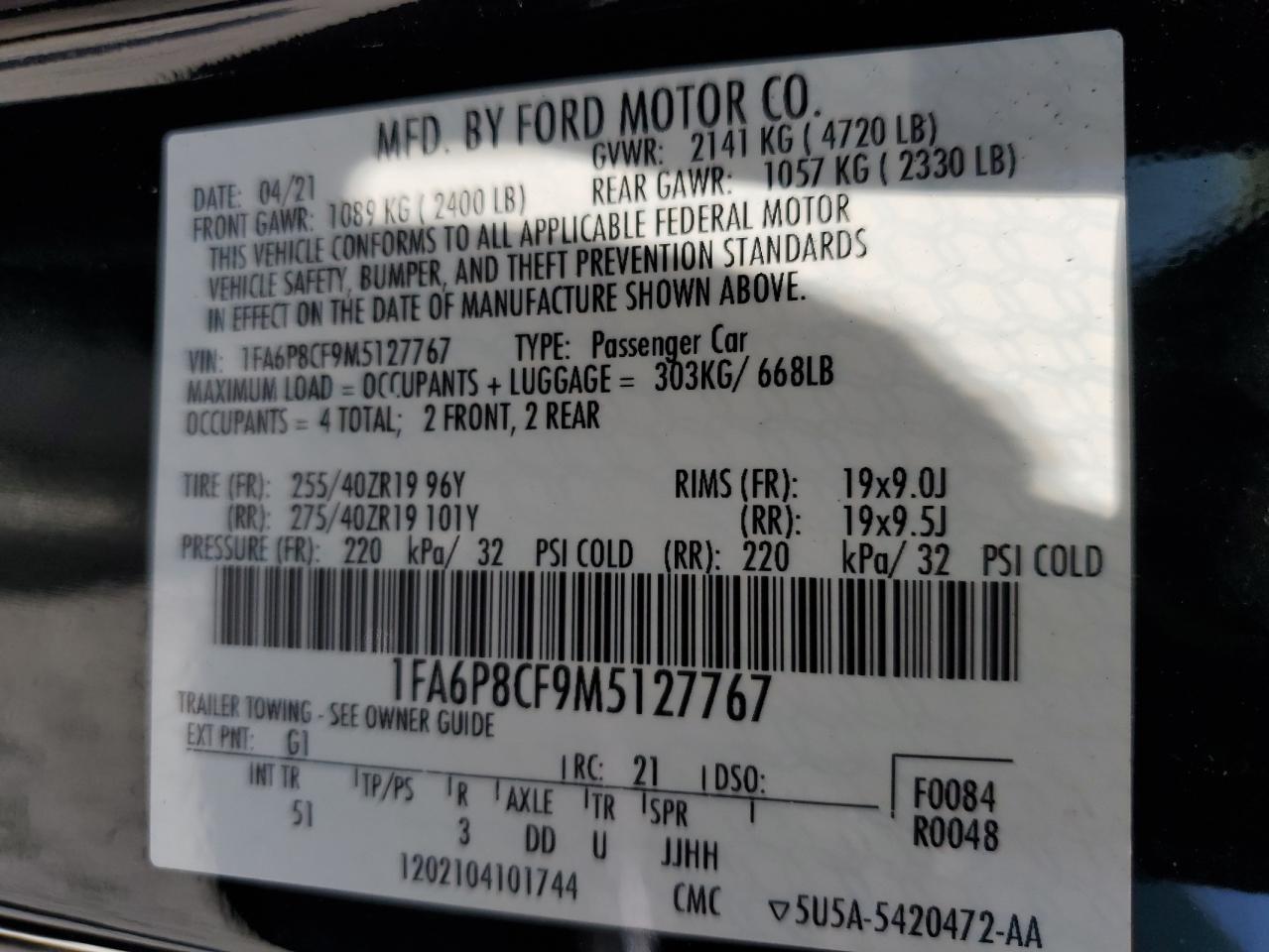 2021 Ford Mustang Gt VIN: 1FA6P8CF9M5127767 Lot: 63734095