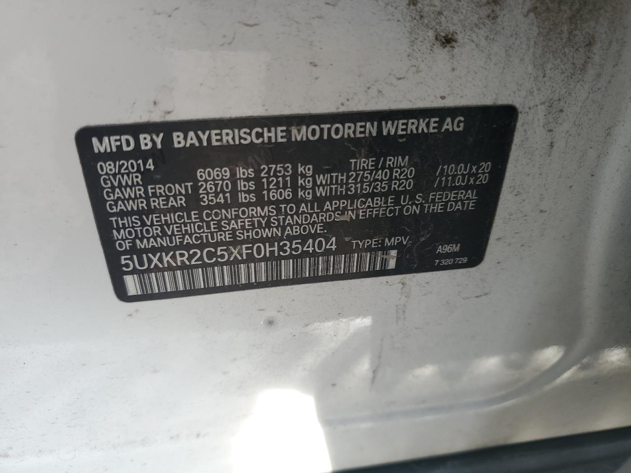 2015 BMW X5 Sdrive35I VIN: 5UXKR2C5XF0H35404 Lot: 65073065