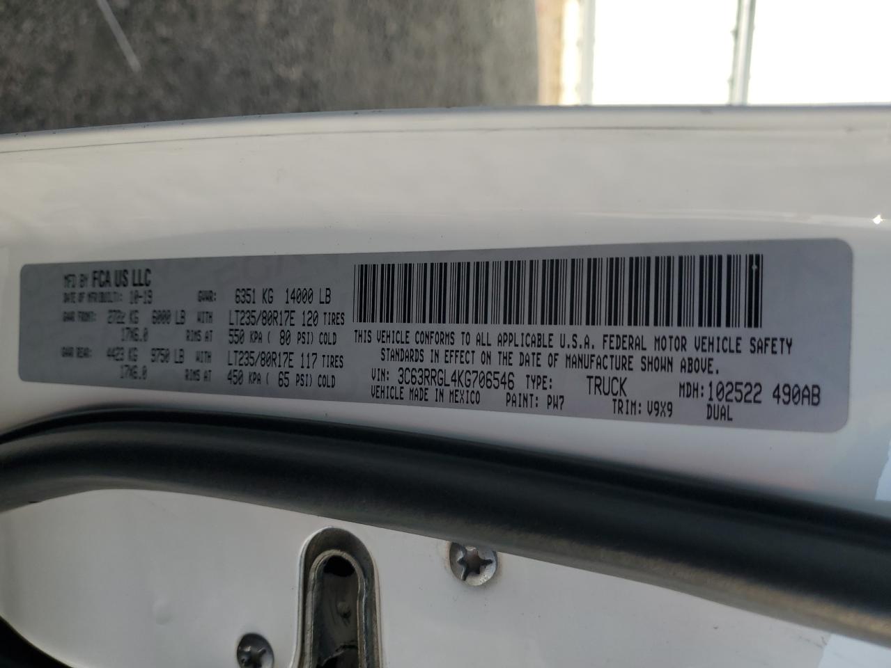 2019 Ram 3500 Tradesman VIN: 3C63RRGL4KG706546 Lot: 63511575