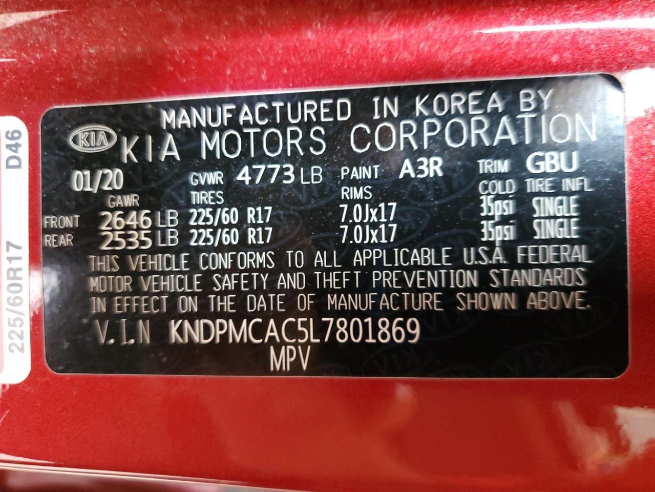 kndpmcac5l7801869 KNDPMCAC5L7801869 2020 Kia Sportage Lx