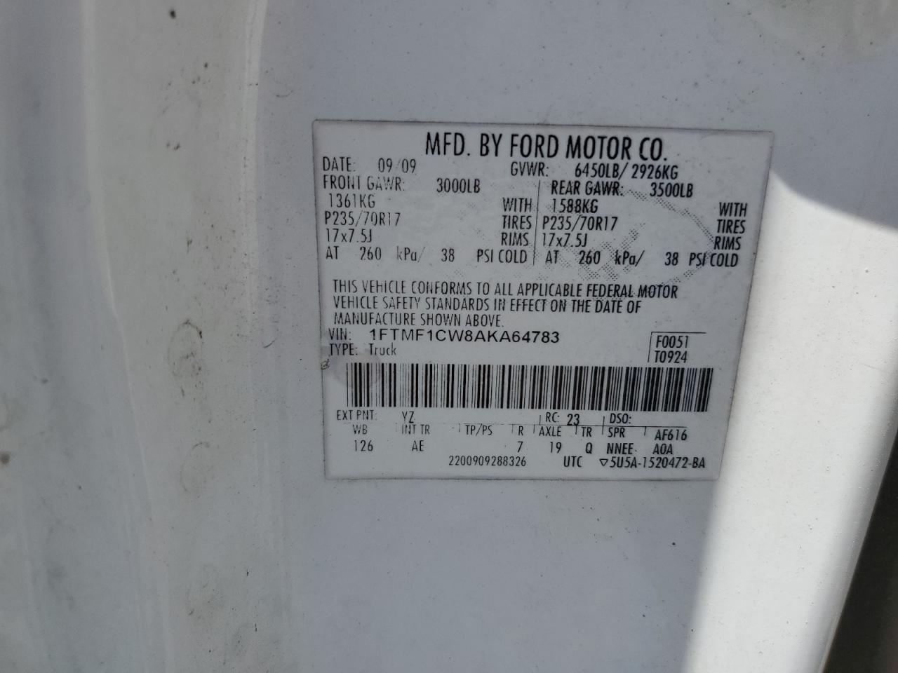 2010 Ford F150 VIN: 1FTMF1CW8AKA64783 Lot: 64594745