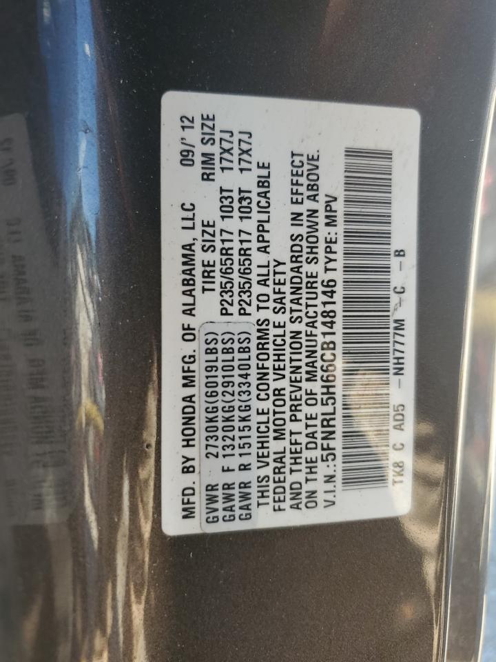 2012 Honda Odyssey Exl VIN: 5FNRL5H66CB148146 Lot: 63377455