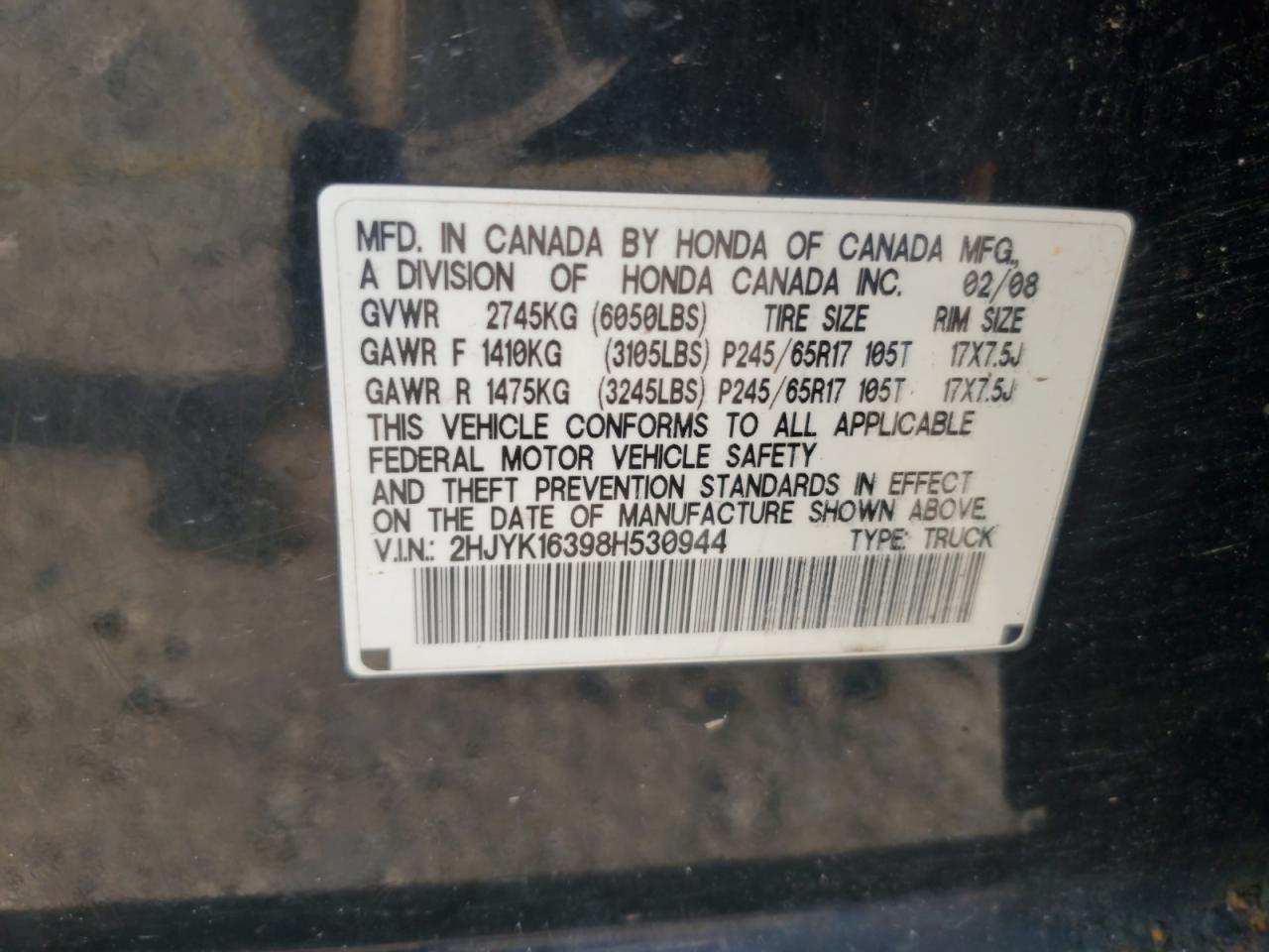 2008 Honda Ridgeline Rtx VIN: 2HJYK16398H530944 Lot: 63616545