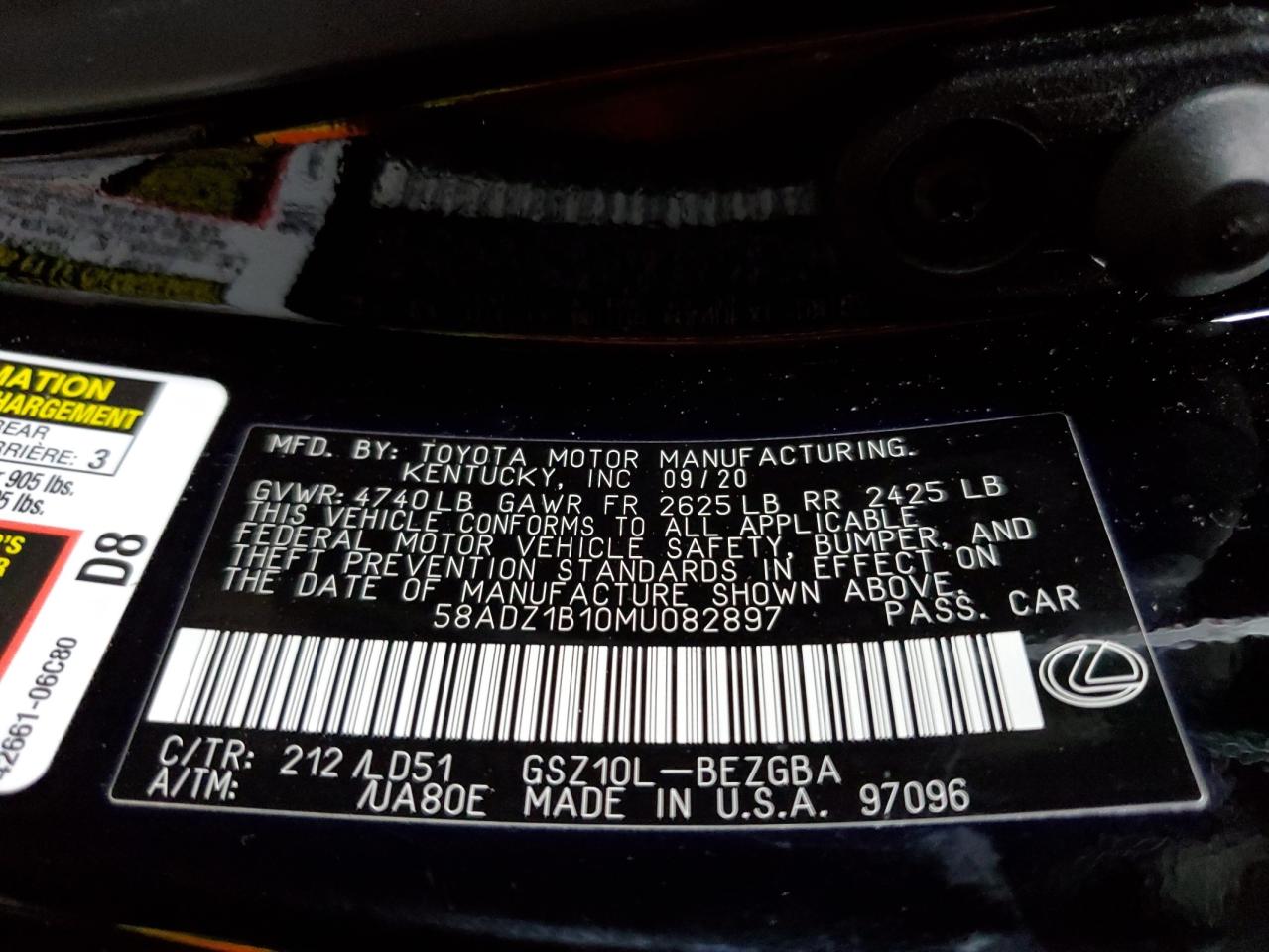 2021 Lexus Es 350 Base VIN: 58ADZ1B10MU082897 Lot: 64496595