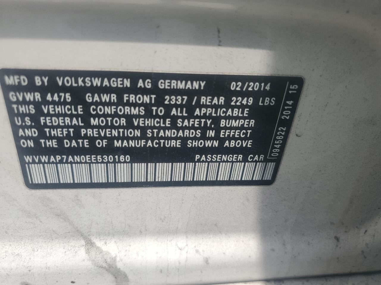 2014 Volkswagen Cc Sport VIN: WVWAP7AN0EE530160 Lot: 66473545