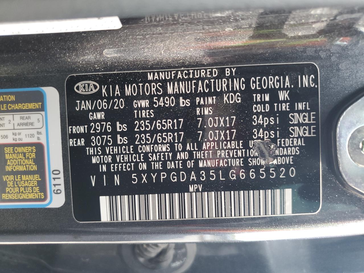2020 Kia Sorento L VIN: 5XYPGDA35LG665520 Lot: 64855745