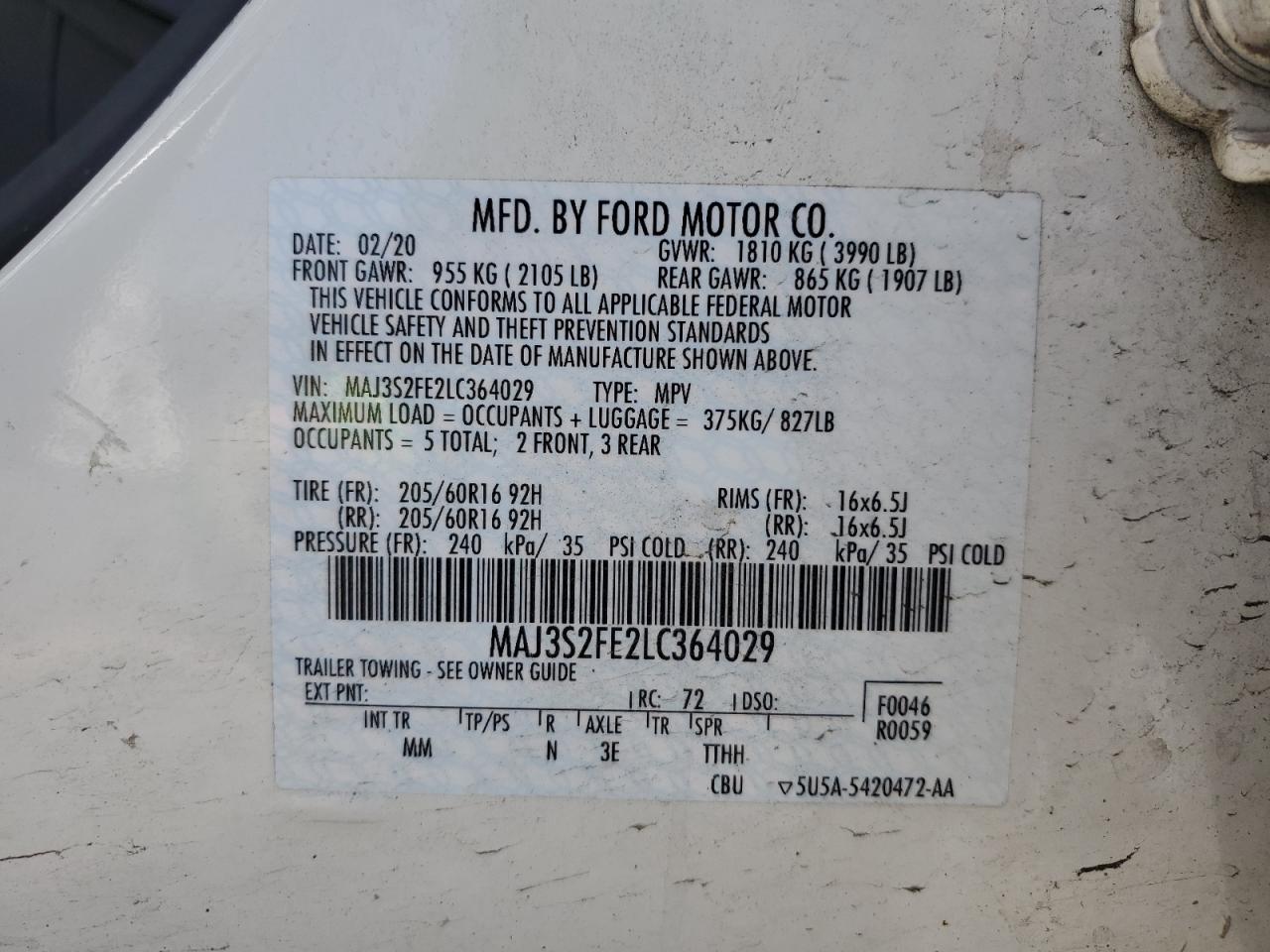 2020 Ford Ecosport S VIN: MAJ3S2FE2LC364029 Lot: 65440845