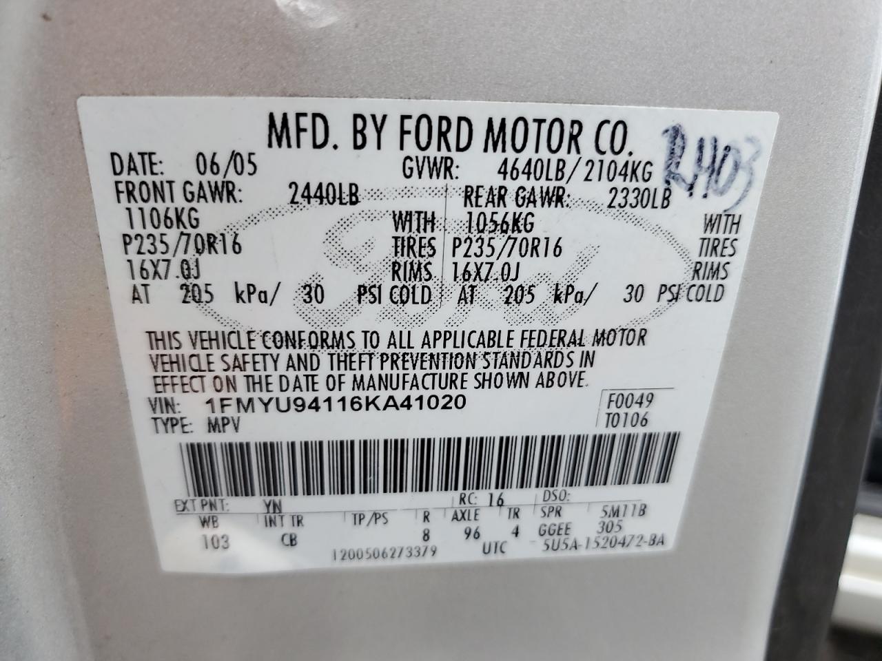 2006 Ford Escape Limited VIN: 1FMYU94116KA41020 Lot: 64884515