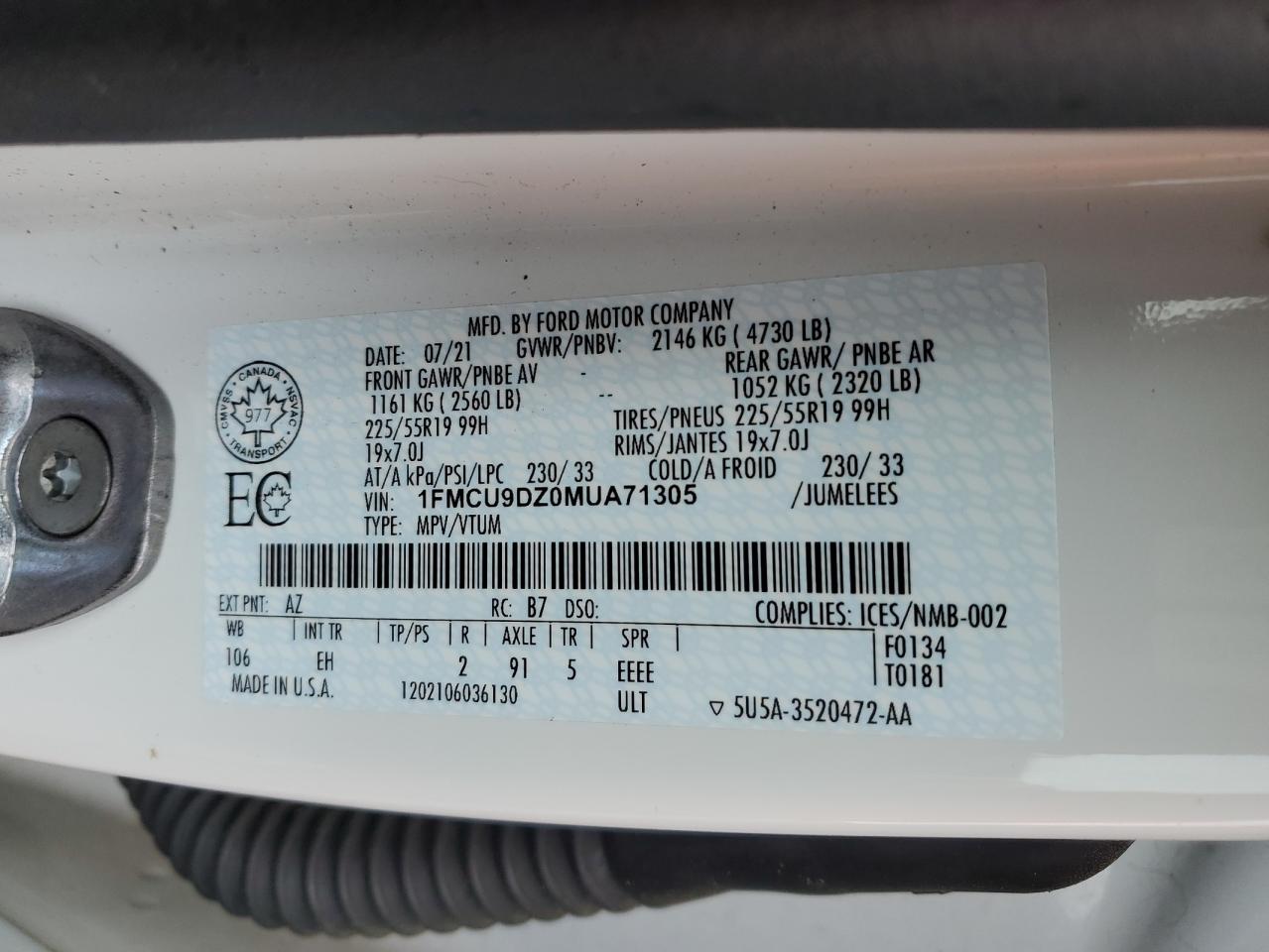 2021 Ford Escape Titanium VIN: 1FMCU9DZ0MUA71305 Lot: 65532865