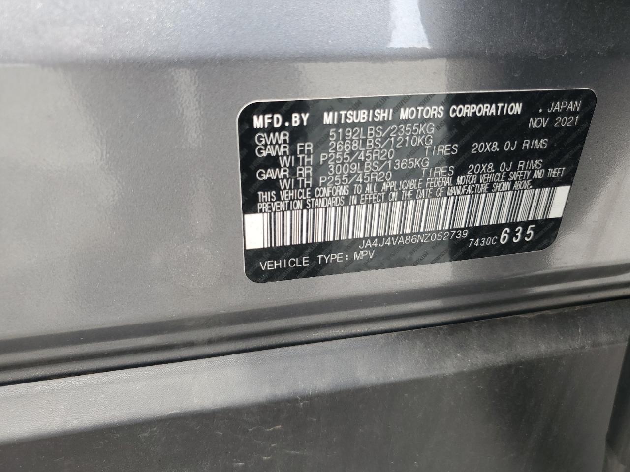 2022 Mitsubishi Outlander Sel VIN: JA4J4VA86NZ052739 Lot: 65066535