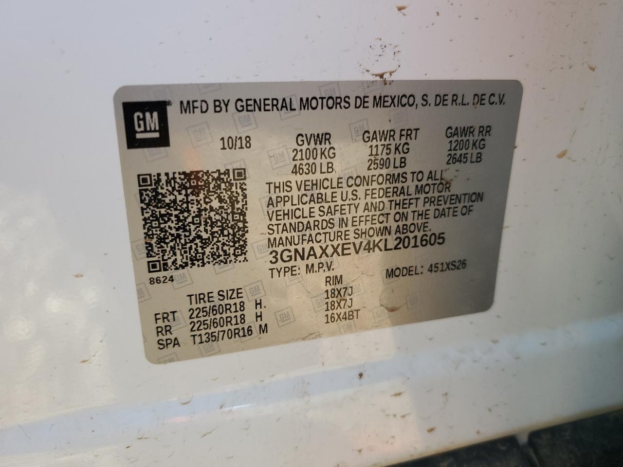 2019 Chevrolet Equinox Premier VIN: 3GNAXXEV4KL201605 Lot: 63022955