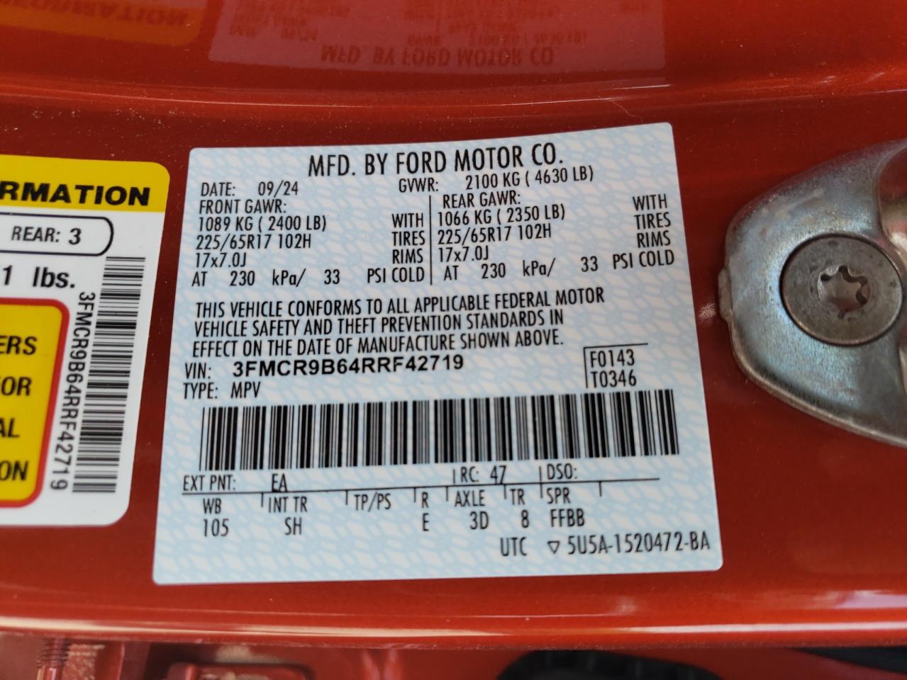 2024 Ford Bronco Sport Big Bend VIN: 3FMCR9B64RRF42719 Lot: 63677775