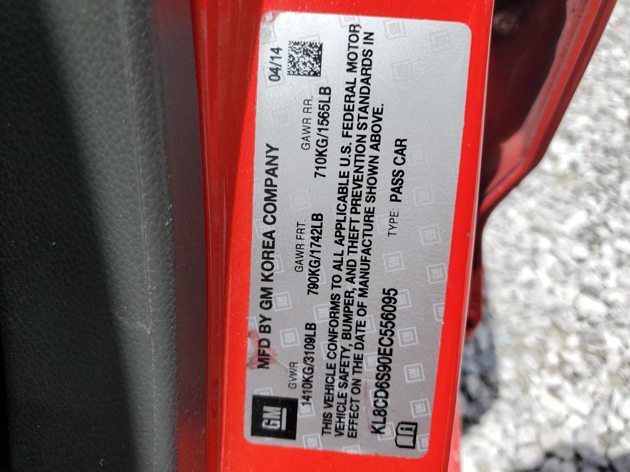 2014 Chevrolet Spark 1Lt VIN: KL8CD6S90EC556095 Lot: 64526275