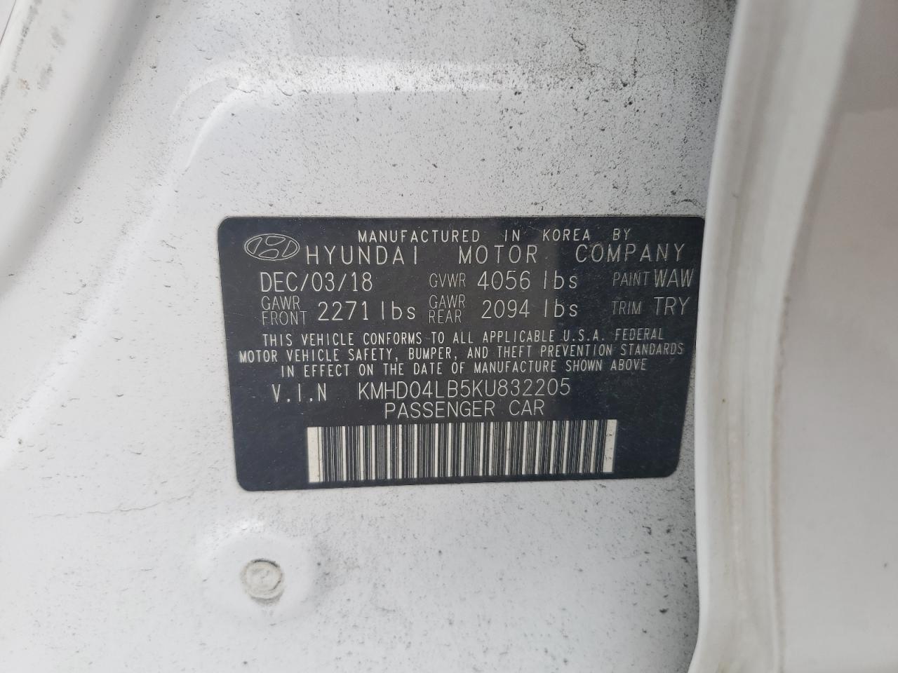 2019 Hyundai Elantra Sport VIN: KMHD04LB5KU832205 Lot: 63470215
