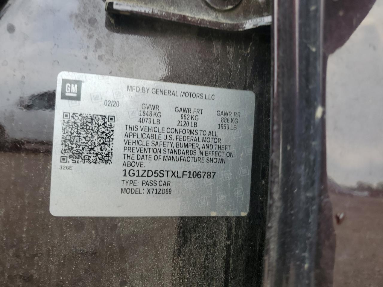 2020 Chevrolet Malibu Lt VIN: 1G1ZD5STXLF106787 Lot: 62941385