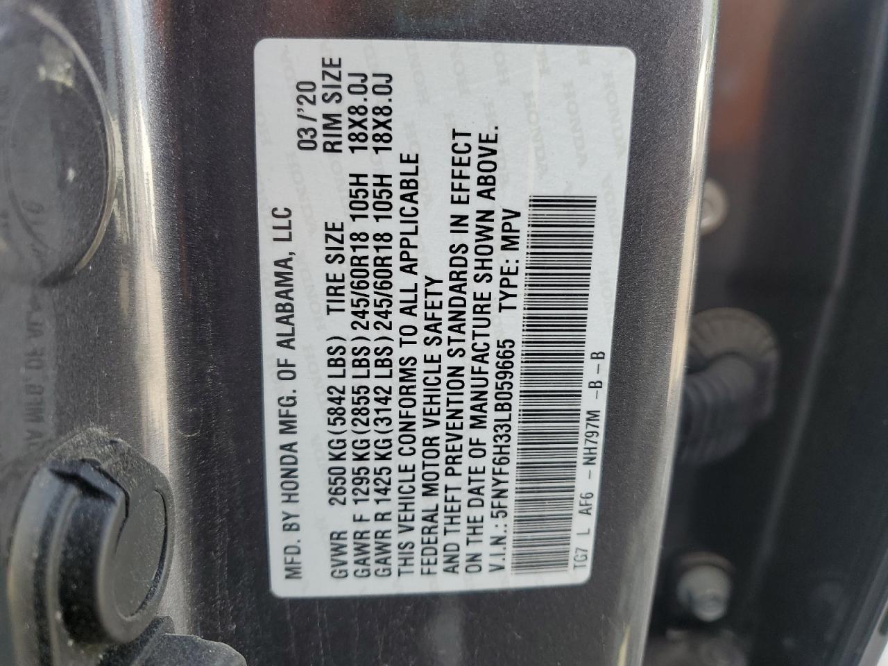 2020 Honda Pilot Ex VIN: 5FNYF6H33LB059665 Lot: 64000855