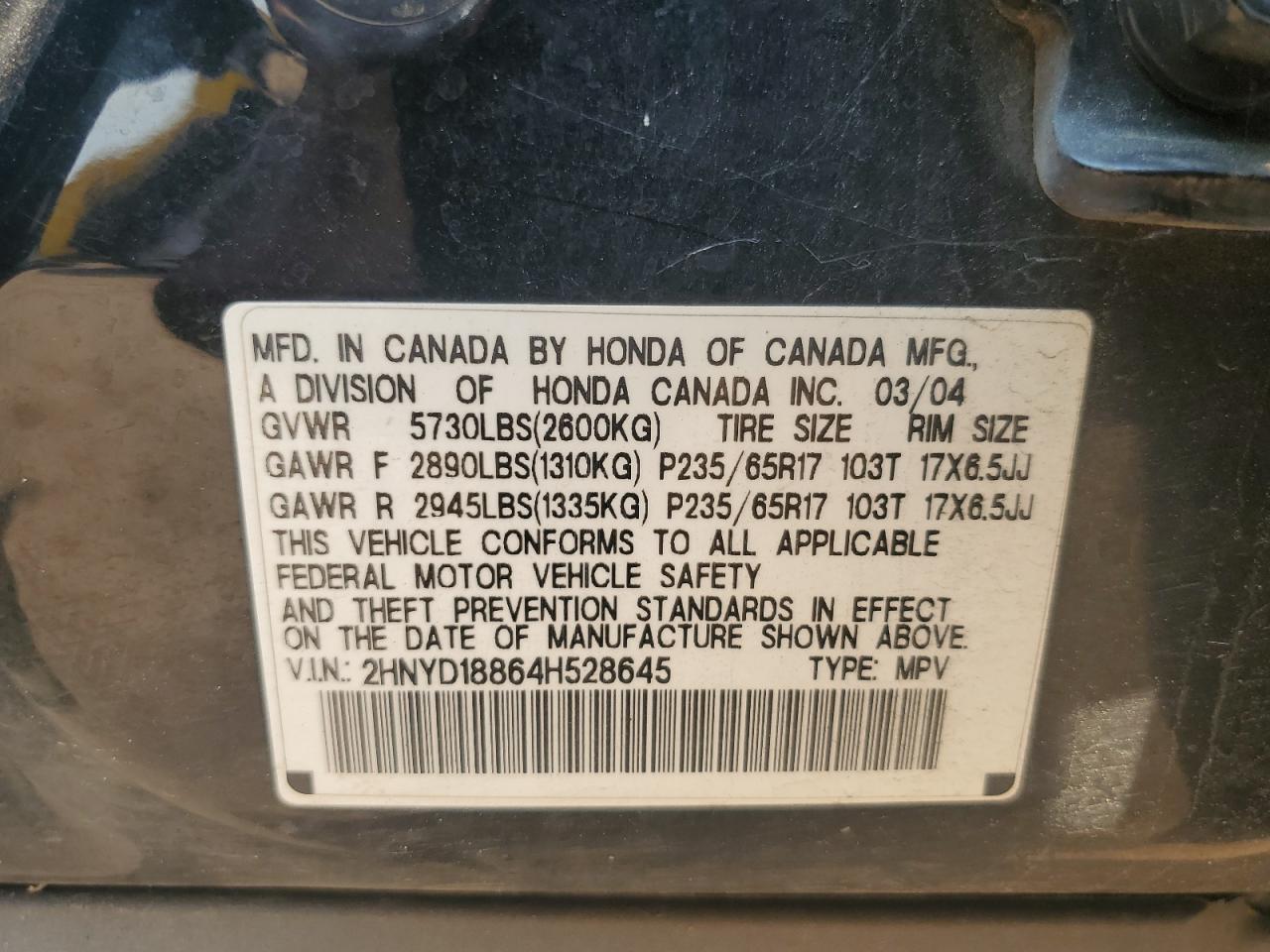 2004 Acura Mdx Touring VIN: 2HNYD18864H528645 Lot: 66969075