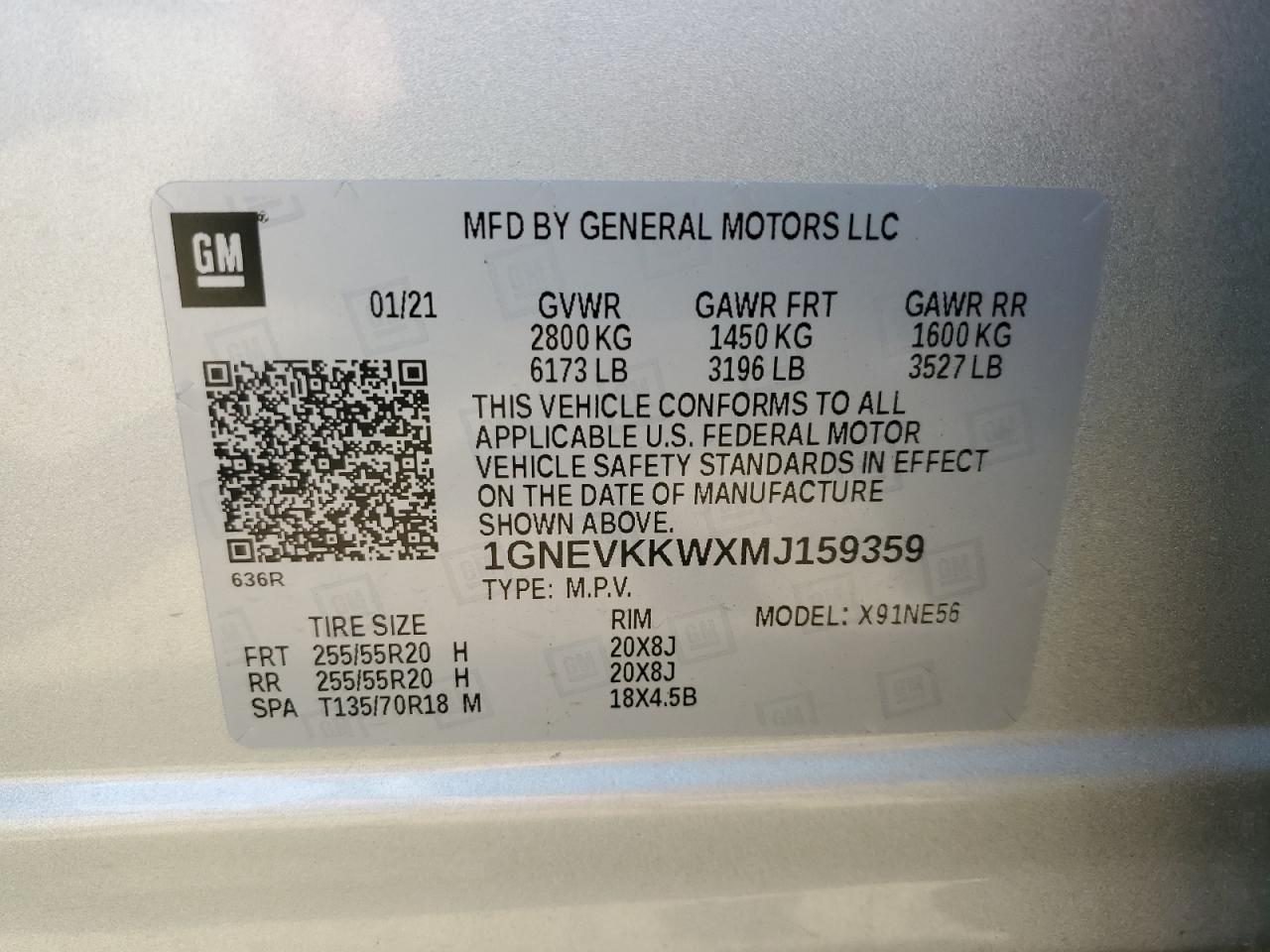 2021 Chevrolet Traverse Premier VIN: 1GNEVKKWXMJ159359 Lot: 62945035