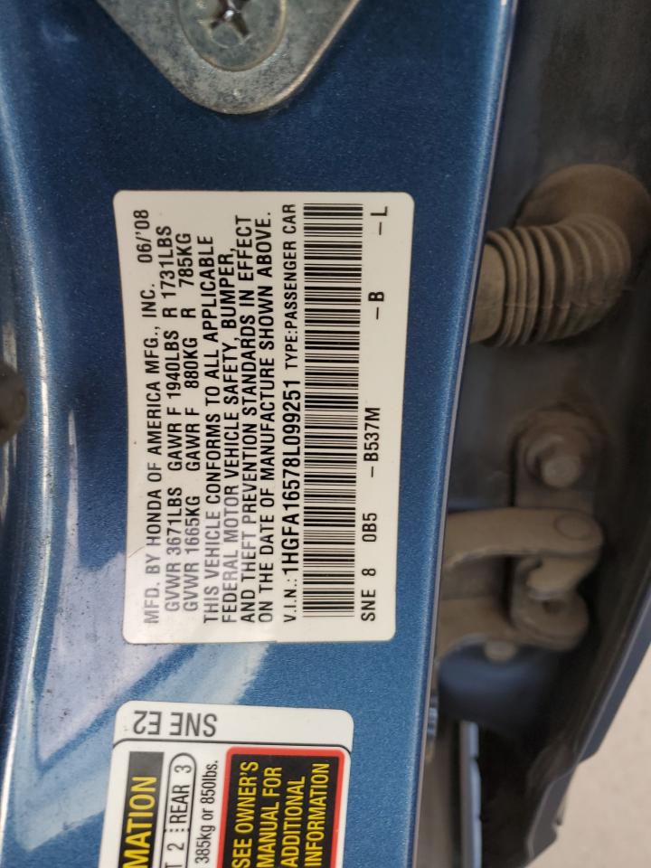 2008 Honda Civic Lx VIN: 1HGFA16578L099251 Lot: 64964395