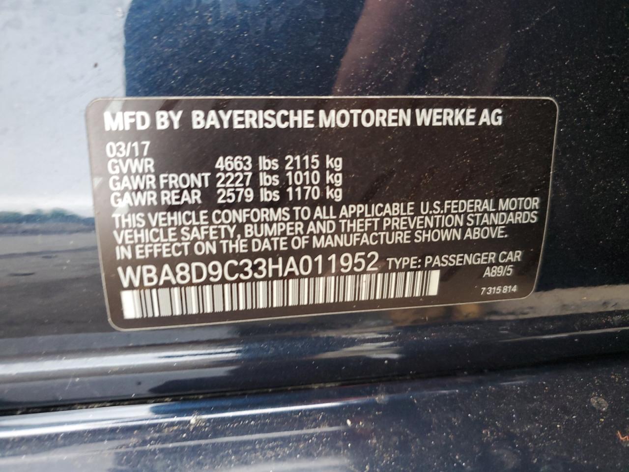 2017 BMW 330 Xi VIN: WBA8D9C33HA011952 Lot: 63938305