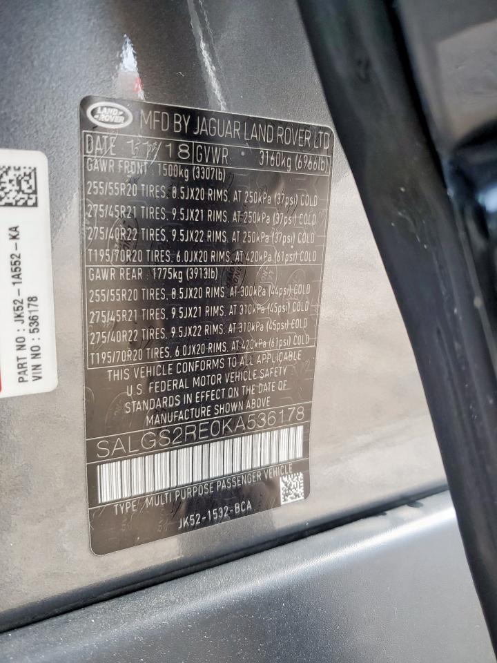 2019 Land Rover Range Rover Supercharged VIN: SALGS2RE0KA536178 Lot: 64083945