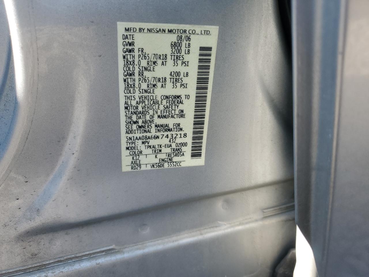 2006 Nissan Armada Se VIN: 5N1AA08A66N743218 Lot: 63761465