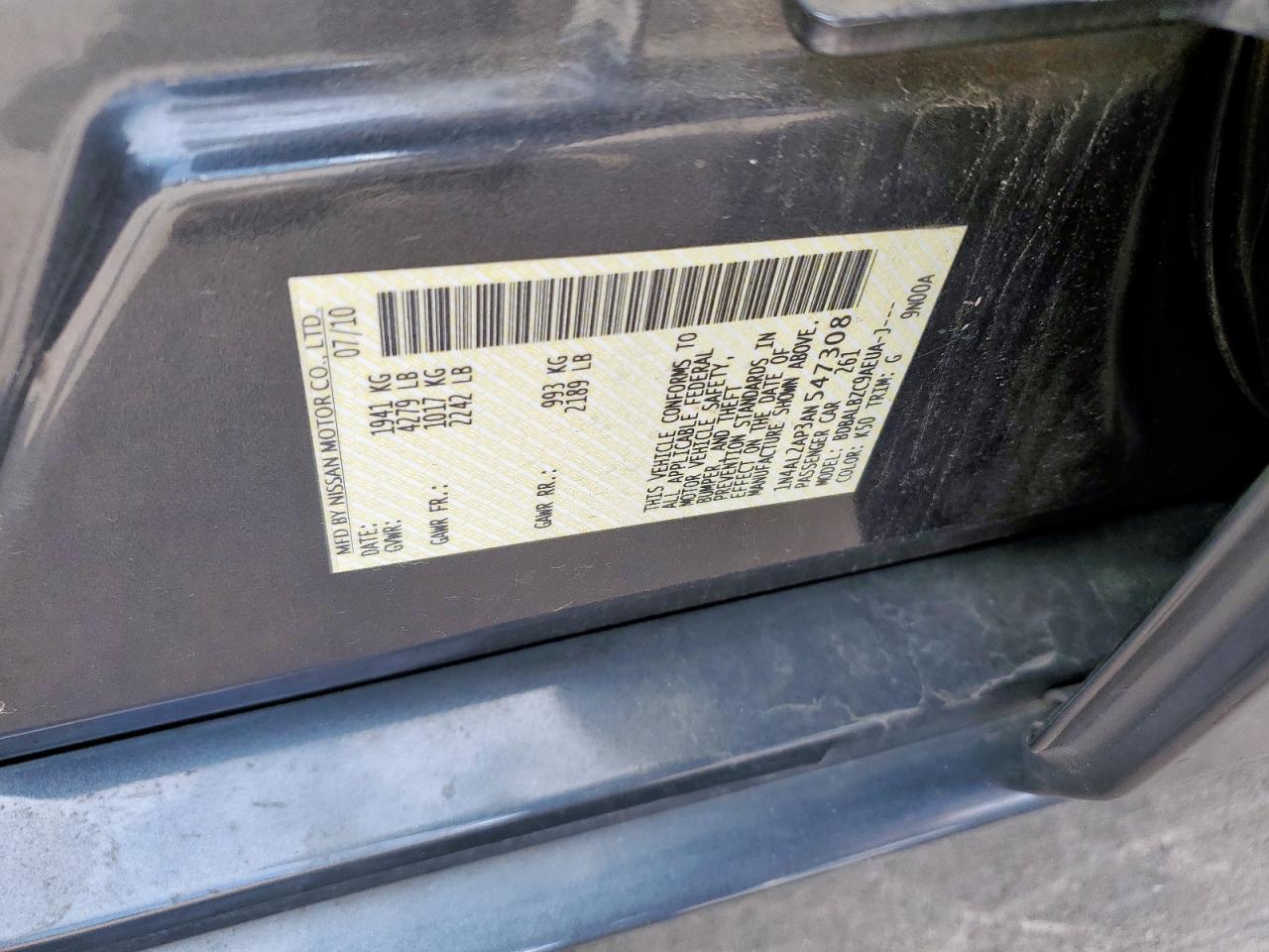 2010 Nissan Altima Base VIN: 1N4AL2AP3AN547308 Lot: 63942225