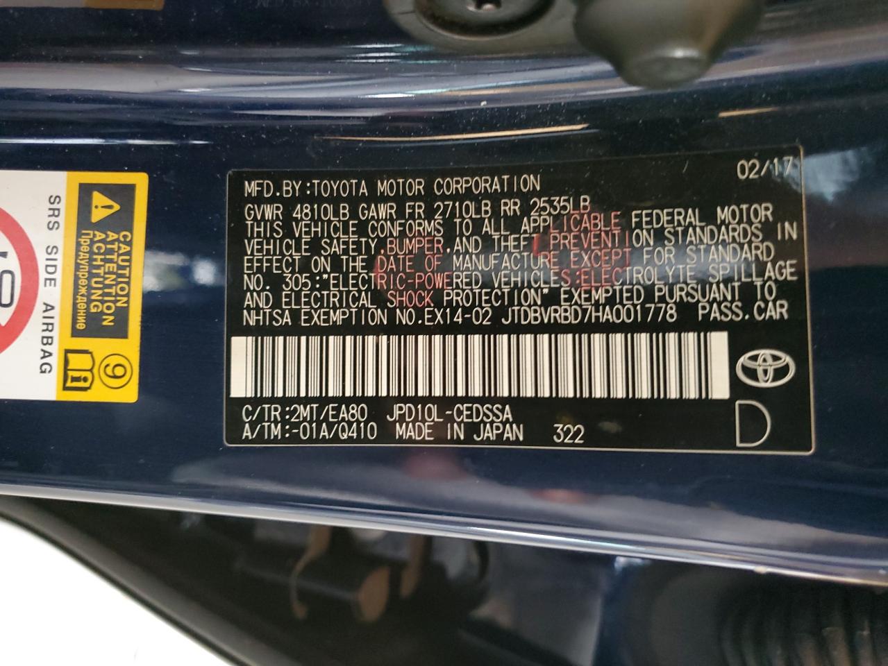 2017 Toyota Mirai VIN: JTDBVRBD7HA001778 Lot: 64321705