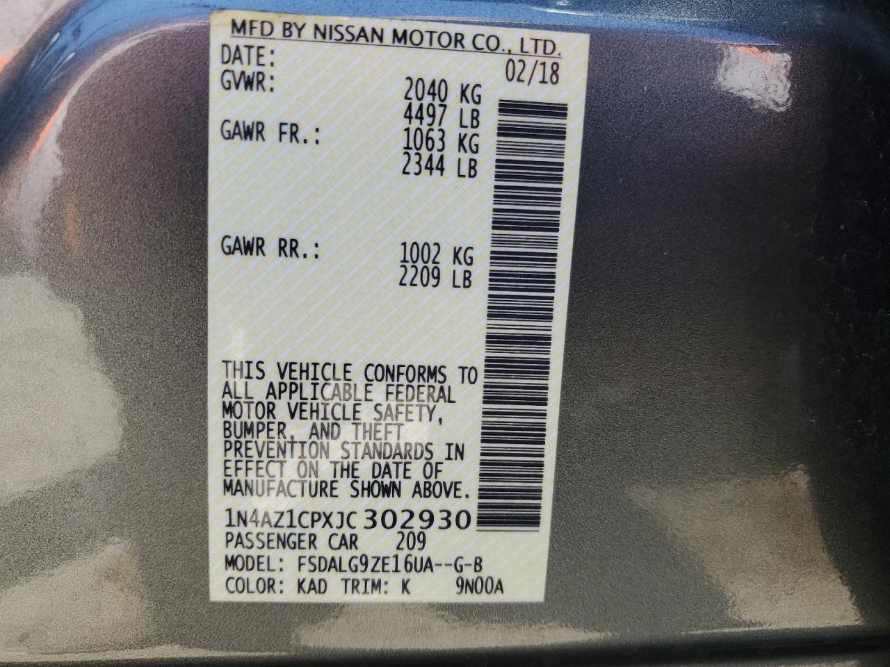 2018 Nissan Leaf S VIN: 1N4AZ1CPXJC302930 Lot: 64447955