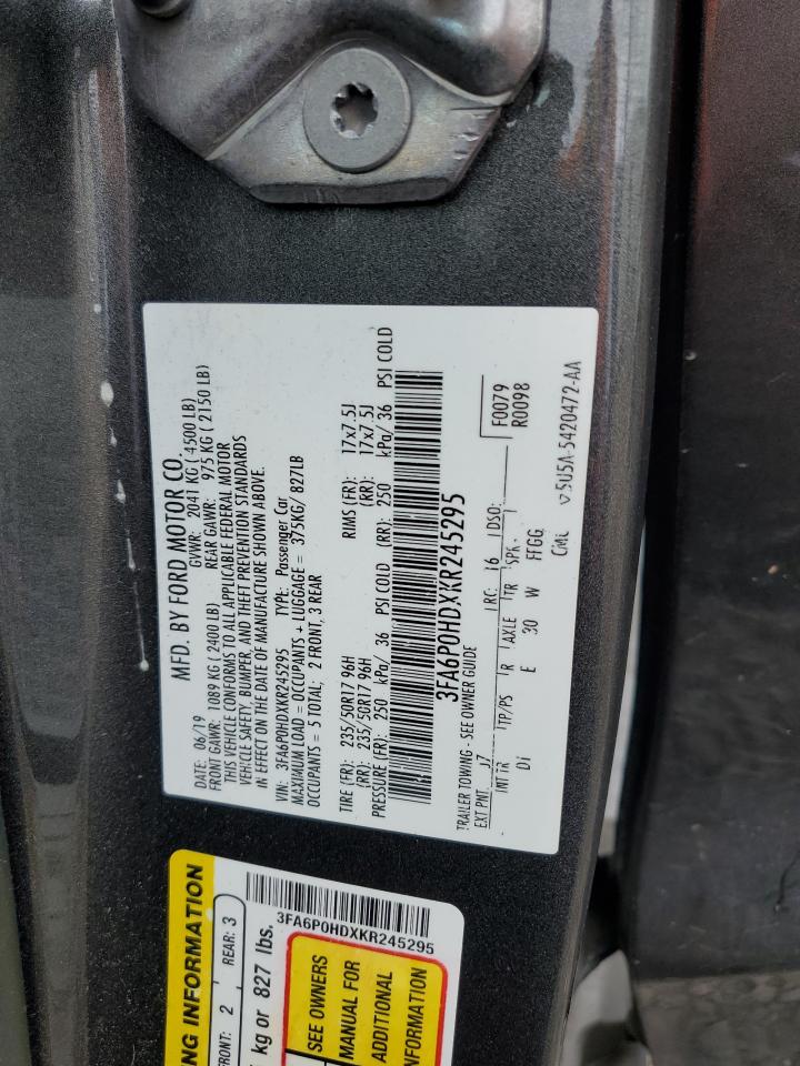 2019 Ford Fusion Se VIN: 3FA6P0HDXKR245295 Lot: 65283135