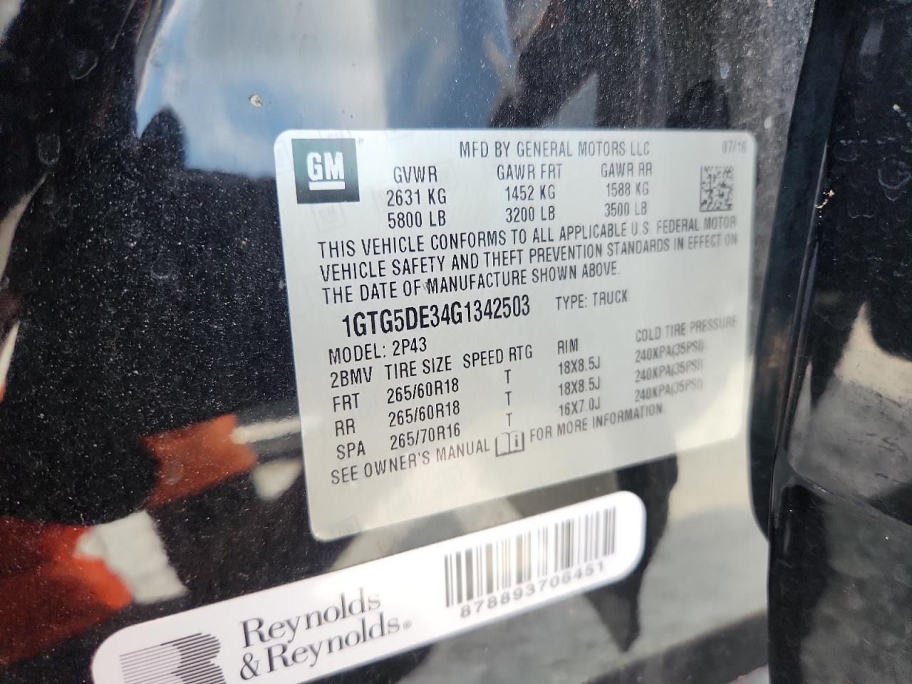 2016 GMC Canyon Slt VIN: 1GTG5DE34G1342503 Lot: 63056795