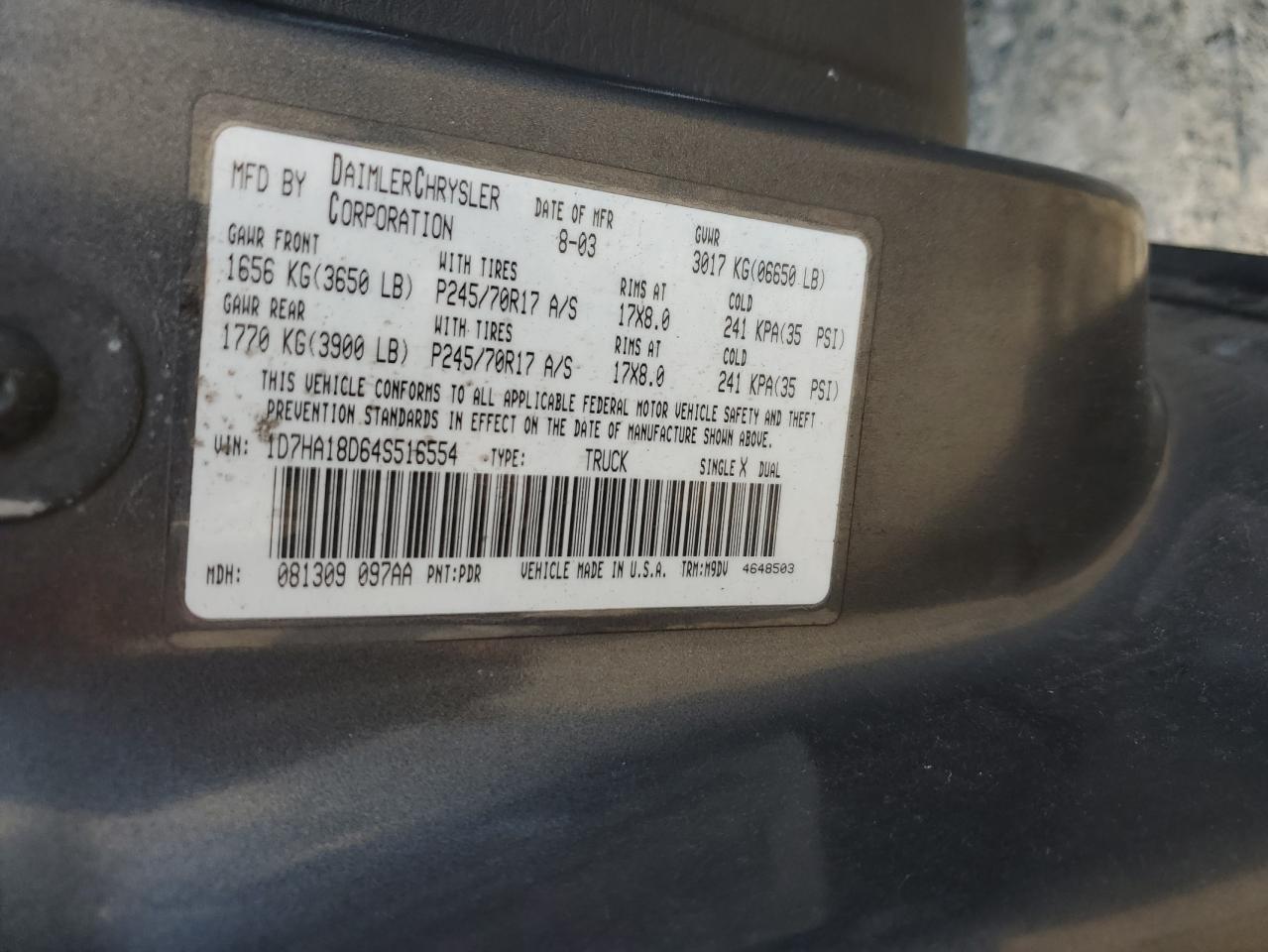 2004 Dodge Ram 1500 St VIN: 1D7HA18D64S516554 Lot: 64782495